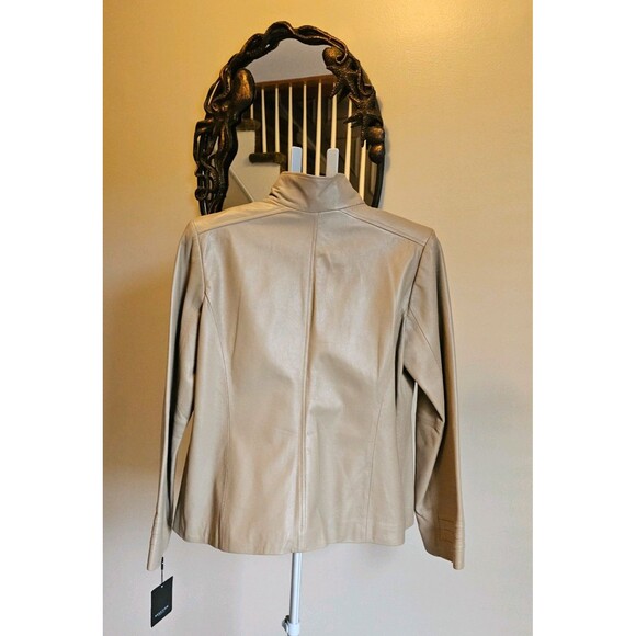 Kenneth Cole Vintage Y2K Tan Leather Fitted Zip Moto Jacket Womens Sz L New NWT - Picture 6 of 6